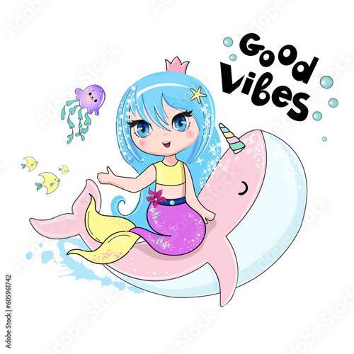 Beautiful mermaid on a pink whale in anime style. Vector illustration isolated on white background. Print for children's T-shirt