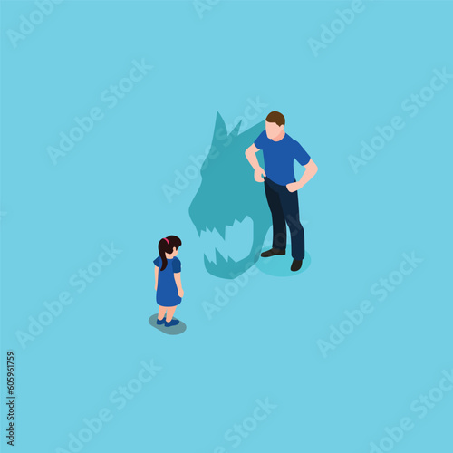 Little girl with scarry monster shadow - Child abuse isometric 3d vector illustration concept for banner, website, illustration, landing page, flyer, etc.