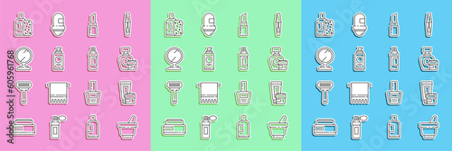 Set line Mortar and pestle, Cream lotion cosmetic tube, Lipstick, Spray can for hairspray, Round makeup mirror, Bottle of shampoo sponge and Perfume icon. Vector