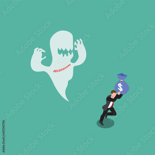 Businessman runaway from a ghost with recession text while carrying a money bag isometric 3d vector illustration concept for banner, website, illustration, landing page, flyer, etc.