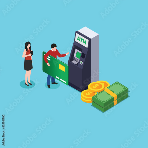 customer standing near ATM machine and holding credit card. isometric 3d vector illustration concept for banner, website, illustration, landing page, flyer, etc.