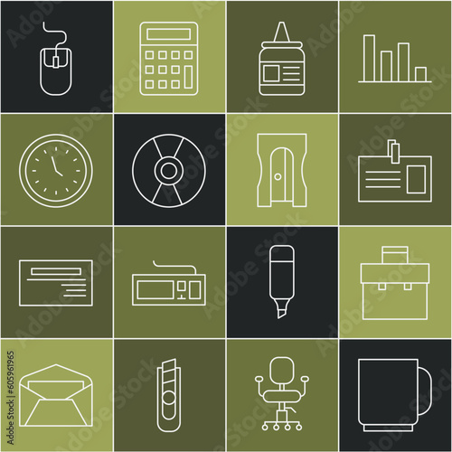 Set line Coffee cup, Briefcase, Identification badge, Glue, CD or DVD disk, Clock, Computer mouse and Pencil sharpener icon. Vector