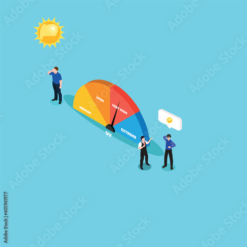 Men and UV meter on hot sunny day isometric 3d vector illustration concept for banner, website, illustration, landing page, flyer, etc.