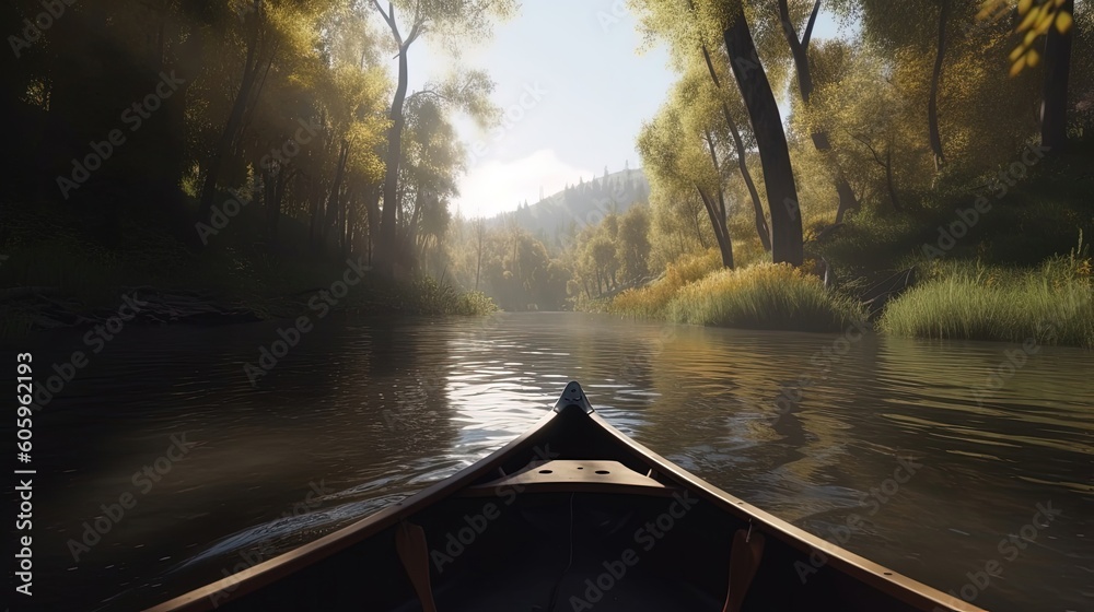 Indulge in a peaceful canoe ride down a scenic river, where serenity and tranquility harmonize with the beauty of nature. Generated by AI. Indulge in a peaceful canoe ride down a scenic river, where serenity and tranquility harmonize with the beauty of nature. Generated by AI.