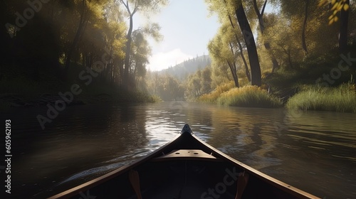 Indulge in a peaceful canoe ride down a scenic river, where serenity and tranquility harmonize with the beauty of nature. Generated by AI.