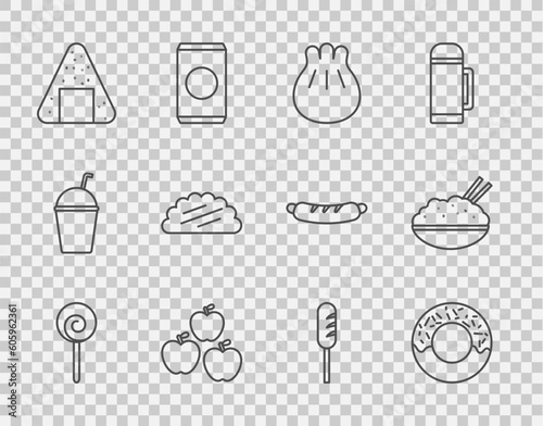 Set line Lollipop, Donut, Khinkali cutting board, Apple, Onigiri, Taco with tortilla, Fried sausage and Rice bowl chopstick icon. Vector