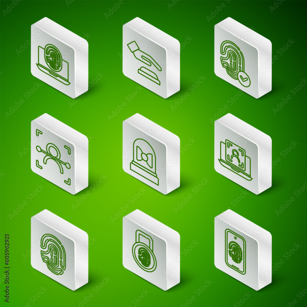 Set line Mobile with fingerprint scan, Fingerprint lock, Laptop, Motion sensor, Face recognition, Palm, and face icon. Vector Set line Mobile with fingerprint scan, Fingerprint lock, Laptop, Motion sensor, Face recognition, Palm, and face icon. Vector