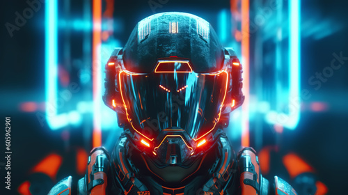 illustration of a robot on the background of a fantastic city of the future