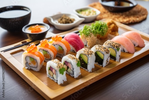 plate of sushi rolls, with fresh ingredients and flavorful sauces, created with generative ai