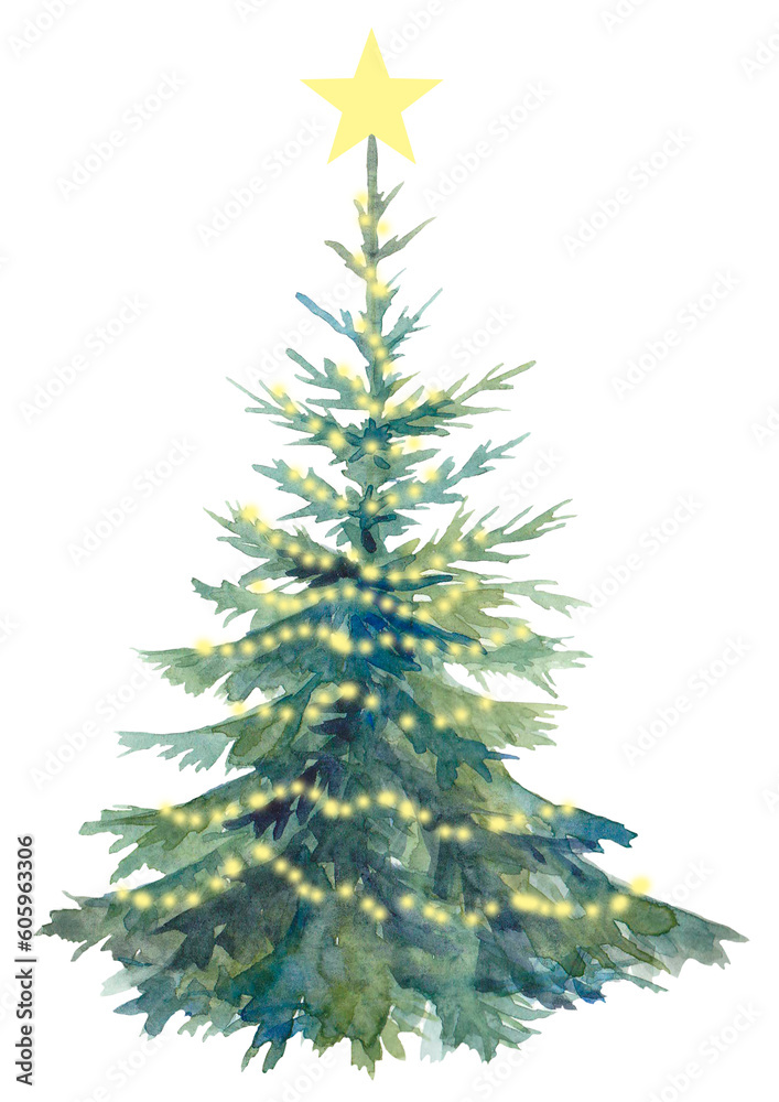 Obraz premium Watercolor Christmas tree with star and lights