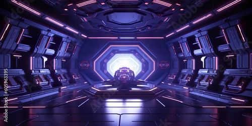 A sci - fi scene with a spaceship in the background. Generative AI.