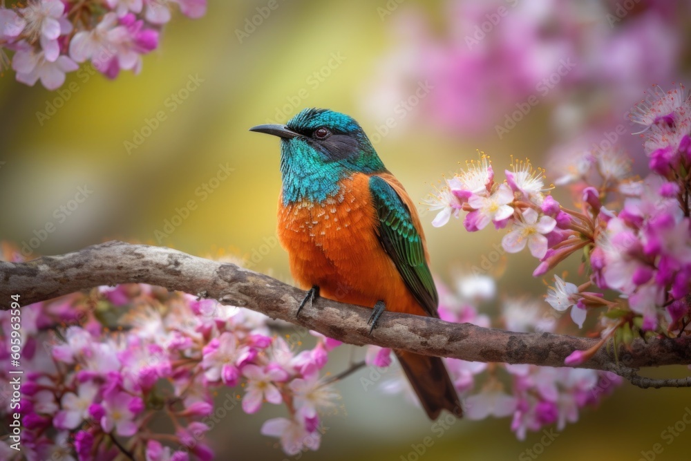 colorful bird resting on tree branch, surrounded by blooming flowers, created with generative ai