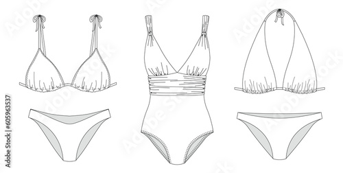 Woman swimwear, bikini, technical drawing, template, sketch, flat, mock up. Recycled, Lycra fabric. Swimwear front and back view, white color