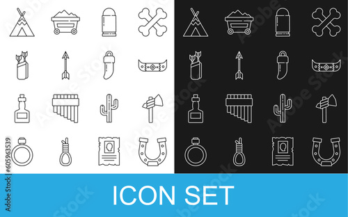 Set line Horseshoe, Tomahawk axe, Kayak canoe and paddle, Bullet, Crossed arrows, Quiver with, Indian teepee wigwam and Tooth icon. Vector