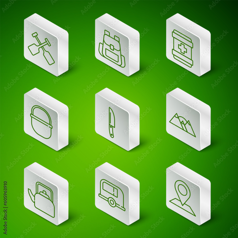 Set line Location, Rv Camping trailer, Paddle, Knife, pot, Hiking backpack, Kettle with handle and Mountains icon. Vector Set line Location, Rv Camping trailer, Paddle, Knife, pot, Hiking backpack, Kettle with handle and Mountains icon. Vector