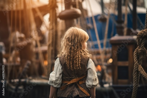 Foto Pirate child girl aboard pirate ship. Generate Ai
