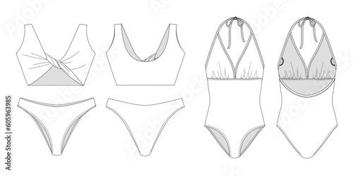 Woman swimwear, bikini, technical drawing, template, sketch, flat, mock up. Recycled, Lycra fabric. Swimwear front and back view, white color