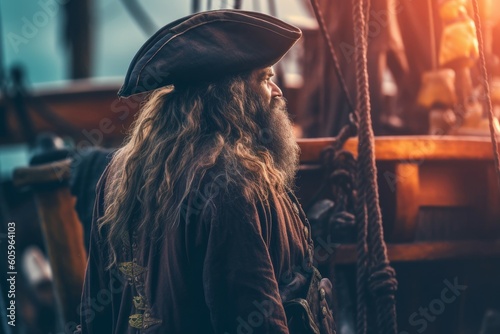 Obraz na płótnie Pirate old man aboard pirate ship. Generate Ai