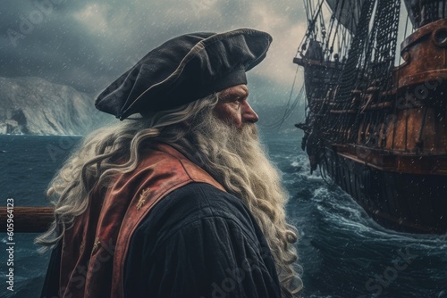 Foto Pirate old senior aboard pirate ship. Generate Ai
