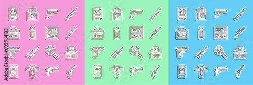 Set line Revolver gun, Hunting shop weapon, Pistol or, Weapons oil bottle, Military ammunition box, Firearms license certificate and icon. Vector
