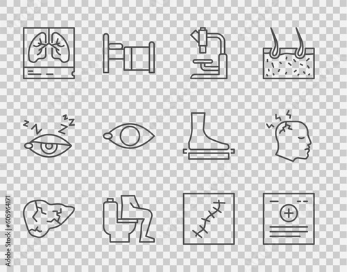 Set line Hepatitis virus, Clinical record, Microscope, Constipation, Lungs x-ray, Blindness, Scar with suture and Man having headache icon. Vector