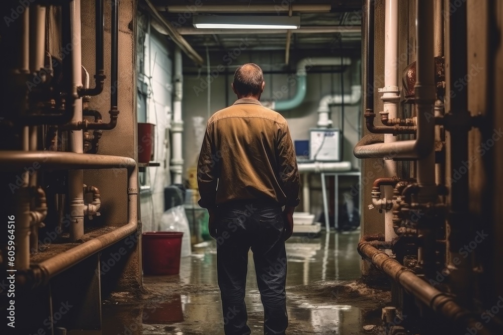 Plumber person pipes basement. Generate Ai Plumber person pipes basement. Generate Ai