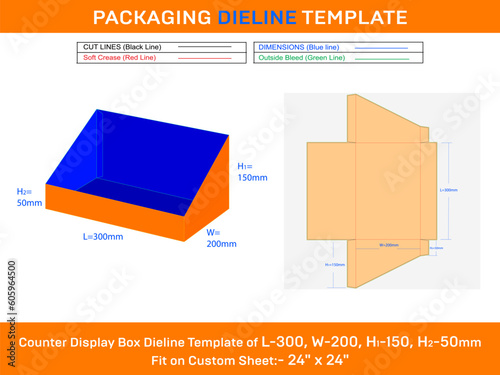Cardboard counter display box dieline template for small books L 300xW 200xH1 150xH2 50mm