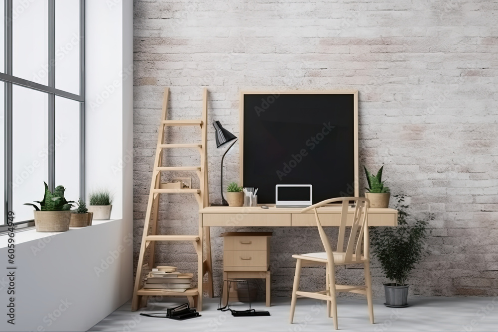 Fototapeta premium Interior of modern living room with furniture and empty picture frame. Mock up, 3D Rendering