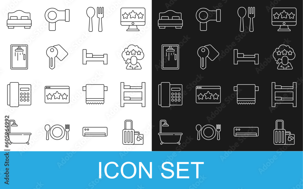 Set line Suitcase, Hotel room bed, Five stars rating review, Fork and spoon, door lock key, Shower cabin, and icon. Vector