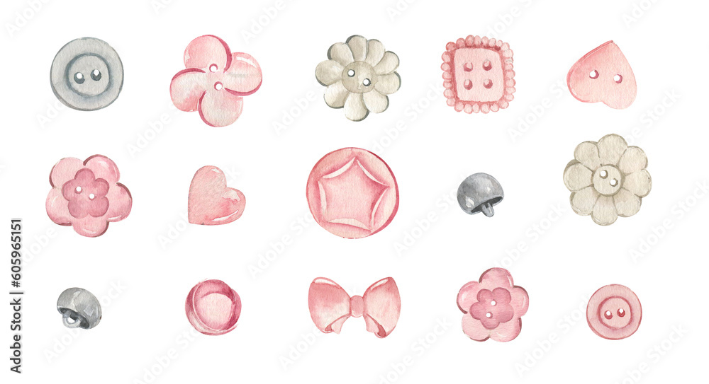 Watercolor clipart vintage buttons, fashion art. sewing corner card.