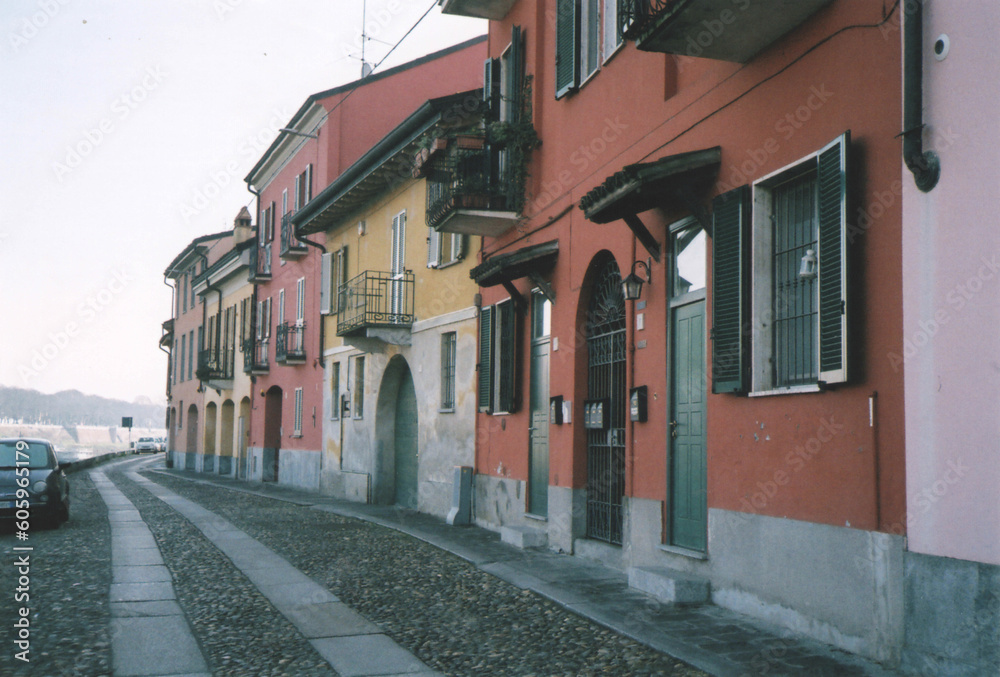 Colorful Houses of Borgo Ticino Ancient Village. Pavia, Italy. Film Photography