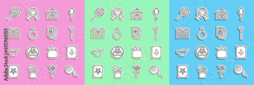 Set line Eye, Ancient magic book, Magic wand, Circus tent, stone ring with gem, Antique treasure chest, and Three tarot cards icon. Vector