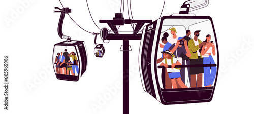 Tourists in cable car of cableway. People travel by aerial tram, standing inside transparent glass cablecar, cabin. Passenger in booth, rope way. Flat vector illustration isolated on white background