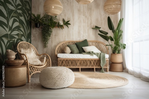 bamboo and rattan room with eco-friendly decor, created with generative ai