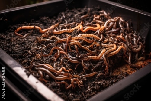 close-up of vermicomposting bin, with writhing worms visible, created with generative ai