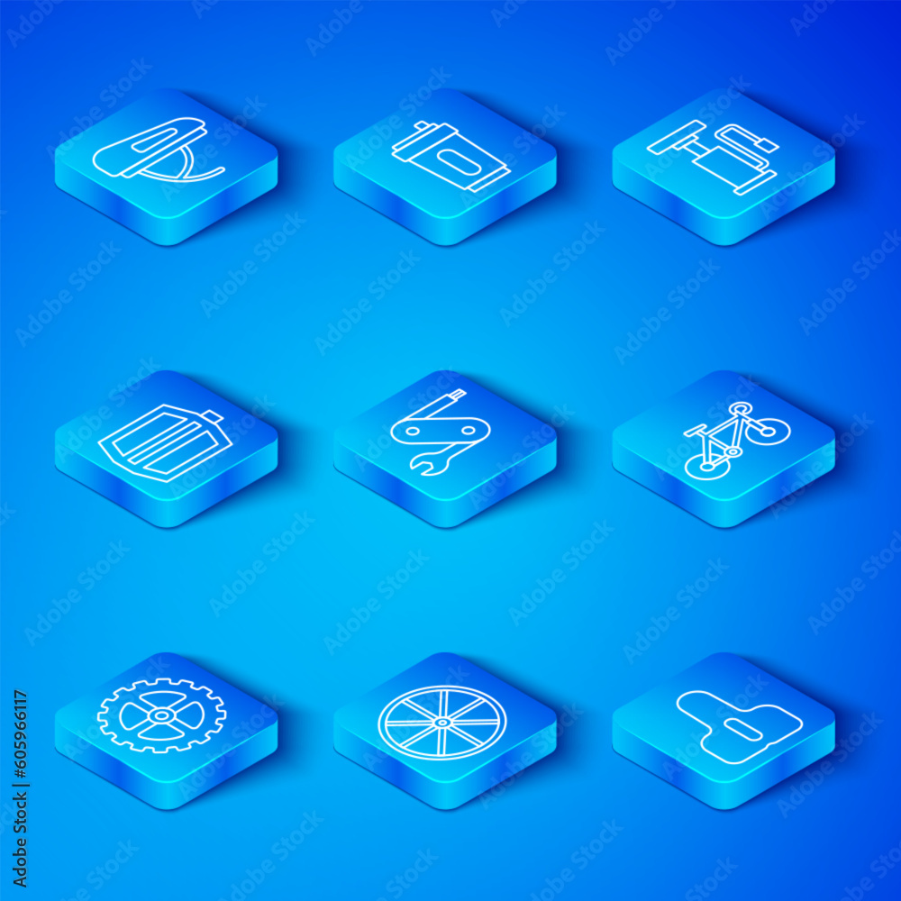Set line Bicycle sprocket crank, Swiss army knife, wheel, air pump, pedal, helmet and seat icon. Vector Set line Bicycle sprocket crank, Swiss army knife, wheel, air pump, pedal, helmet and seat icon. Vector