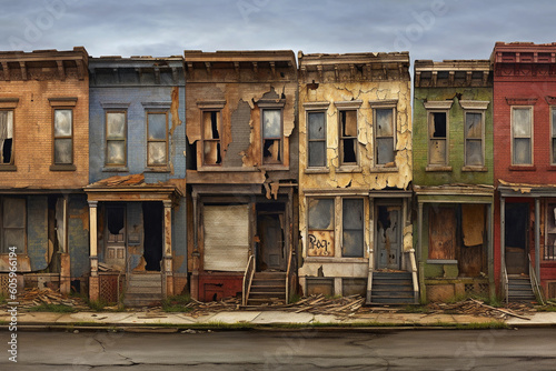 houses symbolizing urban decay and social neglect digital art. generative AI