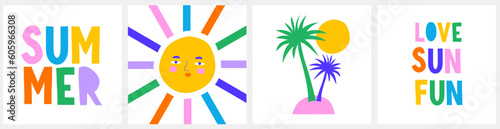 Set of Colorful Summer Time Vector Prints. Sun with Rainbow Colors Rays. Retro 90's Art Style Print with Palms. Handwritten Colorful "Love, Sun, Fun" and "Summer". Abstract Doodle Design for Poster. 