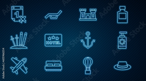 Set line Man hat with ribbon, Sunscreen spray bottle, Sand castle, Signboard text Hotel, Ski sticks, Calendar airplane, Anchor and Sunbed umbrella icon. Vector