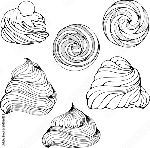 Set of whipped cream or meringue swirl. Marshmallow or frozen yogurt for dessert, cupcake, ice cream. Decorative spiral. Vector illustration in hand drawn cartoon sketch style. Line art isolated