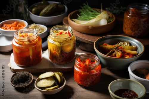 fermented foods feast, with bowls of tangy kimchi and jars of zesty pickles, created with generative ai