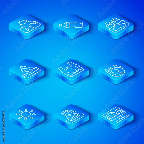 Set line Sun, Say no to plastic bags poster, Petrol or gas station, Global warming fire, Wrecked oil tanker ship, Iceberg, Deforestation and Weather forecast icon. Vector