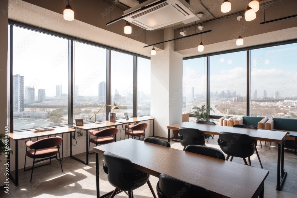 co-working space with view of a bustling city skyline or harbor, created with generative ai