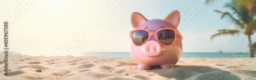Pink Piggy Bank in Sunglasses with Tropical Sandy Beach, Sea and Palms Background, Copy Space for Text Banner. Savings for Vacation, Summer Holidays concept. Generative AI. © salarko