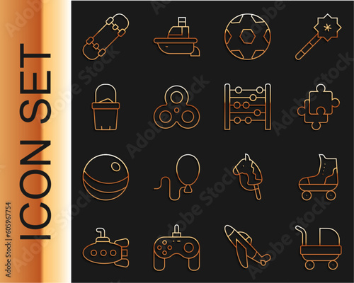 Set line Baby stroller, Roller skate, Puzzle pieces toy, Soccer football ball, Fidget spinner, Sand bucket, Skateboard and Abacus icon. Vector