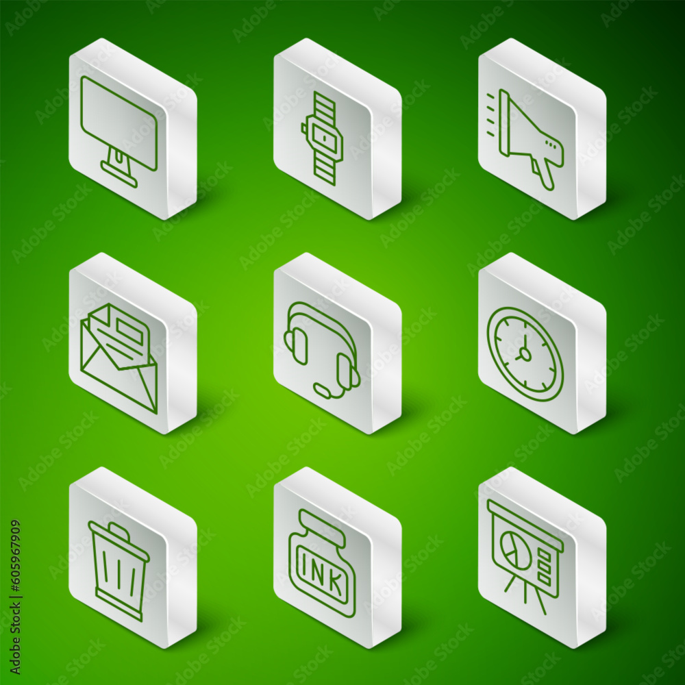 Set line Board with graph, Inkwell, Computer monitor, Headphones, Mail and e-mail, Wrist watch, Trash can and Clock icon. Vector Set line Board with graph, Inkwell, Computer monitor, Headphones, Mail and e-mail, Wrist watch, Trash can and Clock icon. Vector