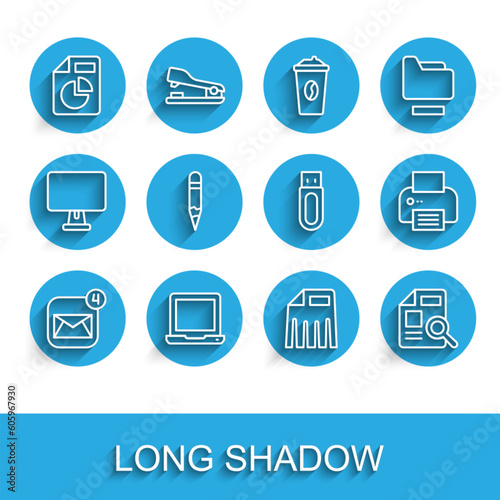 Set line Envelope, Laptop, Document with graph chart, Paper shredder, Pencil, Printer and USB flash drive icon. Vector