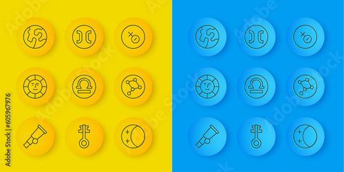 Set line Telescope, Sun, Libra zodiac, Eclipse of the sun, Great Bear constellation, Earth globe, Venus symbol and Pisces icon. Vector
