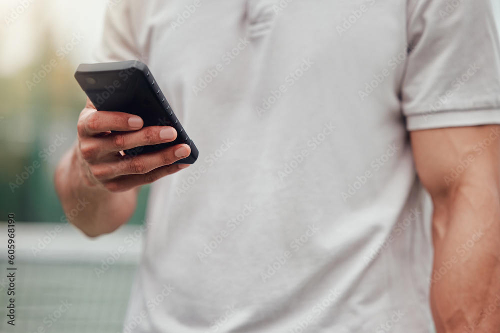 Man, hands and phone for social media, communication or chatting and typing in sports networking on tennis court. Hand of male person or sport athlete on mobile smartphone for online chat or texting Man, hands and phone for social media, communication or chatting and typing in sports networking on tennis court. Hand of male person or sport athlete on mobile smartphone for online chat or texting