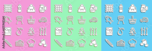 Set line Cherry, Grilled shish kebab on skewer, Car, Kitchen apron, Barbecue grill, Fish, Checkered napkin and Picnic basket icon. Vector